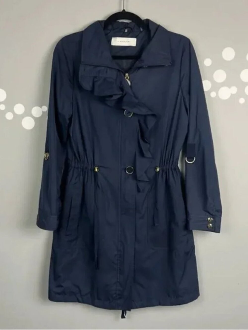 T Tahari Blue Ruffle Zip Jacket Size XS Lightweight Trench Coat Drawstring Waist
